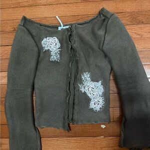 Smash + Tess Off-the-Shoulder Sweater in Olive with Floral Embroidery